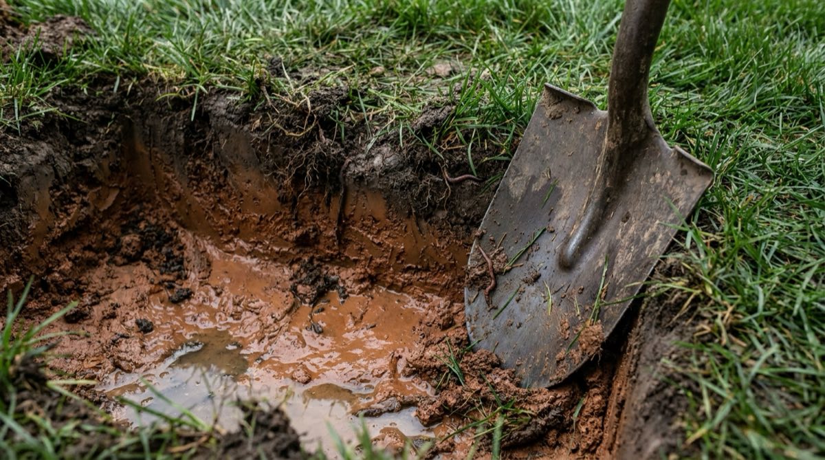 Spade cut into a wet lawn showing dark topsoil over dense reddish-brown clay with water pooling in the hole