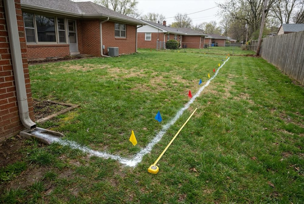 Drain route marked with white paint and utility flags across a lawn from a downspout toward the back of the yard