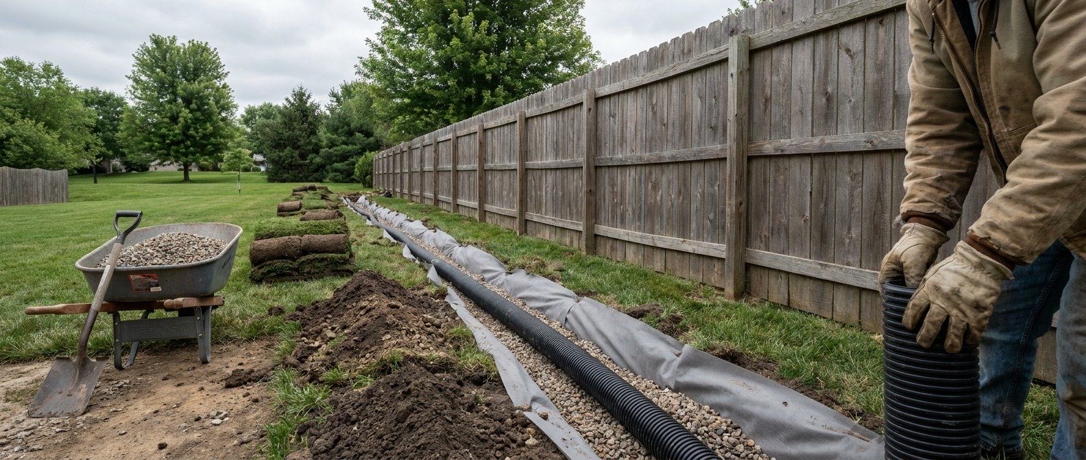 French drain trench open along a wooden fence with sod rolled aside, gravel and perforated pipe going in