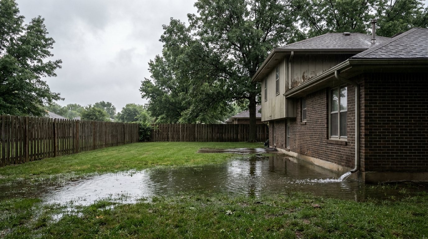 Backyard of a brick split-level house after a storm, with standing water spreading from a downspout along the foundation across the lawn