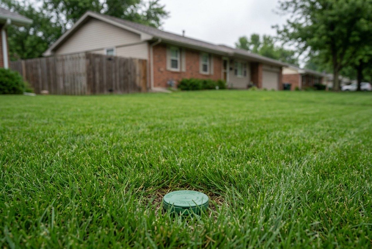 Healed lawn weeks after a drain install with only a green pop-up emitter showing in the grass