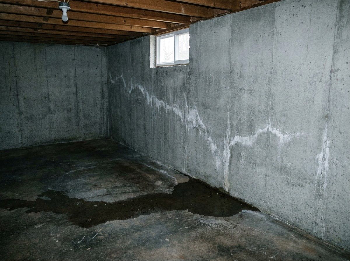 Unfinished basement with water seeping in where the concrete wall meets the floor and white efflorescence on the wall