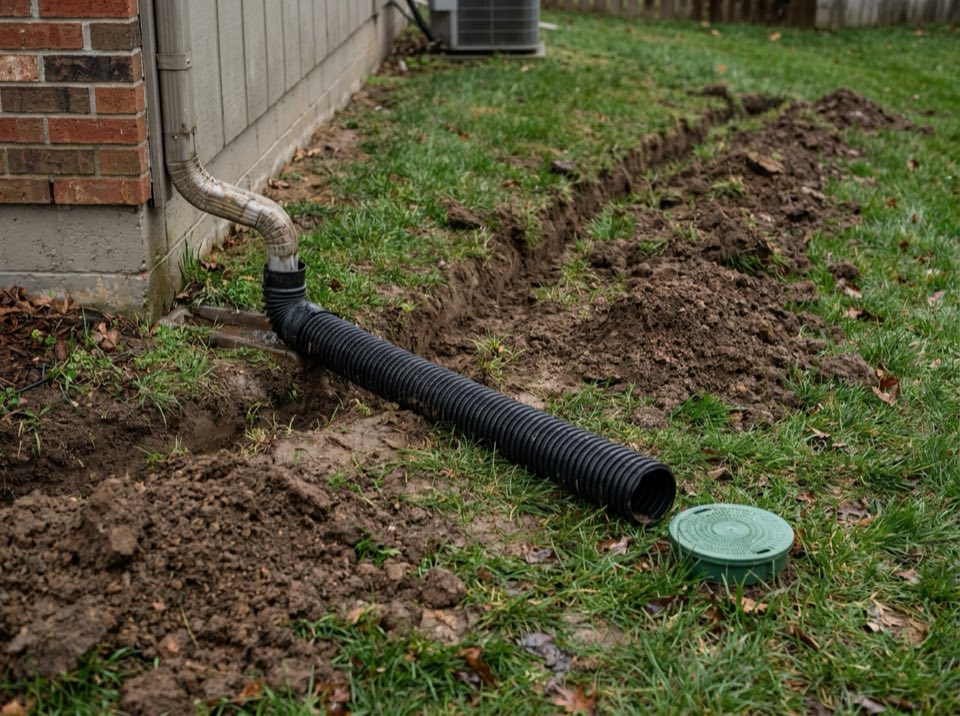 Downspout at the corner of a house connected to black pipe running into a shallow trench, with a pop-up emitter waiting on the grass
