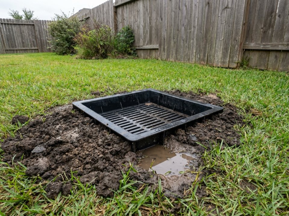 Square black catch basin with a slotted grate set flush in a lawn low spot, draining a puddle after rain