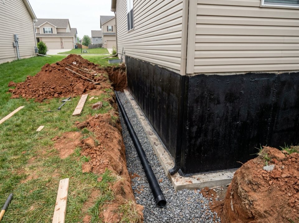 Excavation along a house exposing the foundation wall coated in black waterproofing membrane with drain pipe at the footing