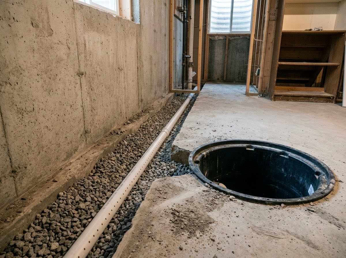 Basement floor cut open along the foundation wall with perforated pipe in gravel running to a sump basin