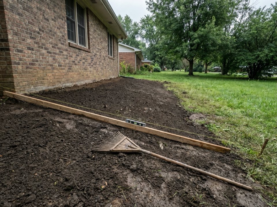 Freshly raked topsoil sloping away from a brick foundation with a rake, board and string line set up to check the fall